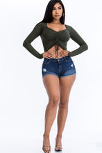 Load image into Gallery viewer, Ruched Drawstring Long Sleeve Crop Top Olive Green
