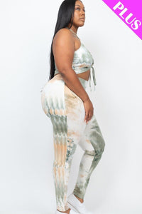 Plus Adjustable Ruched Crop Top And Leggings Set Green White Orange
