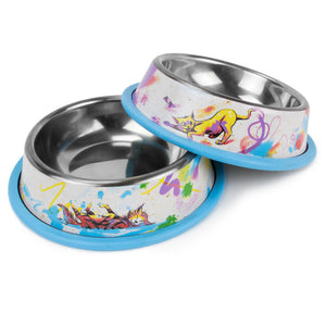 "Cat-titude" Art Stainless Steel Cat Bowls and Silicone Mat