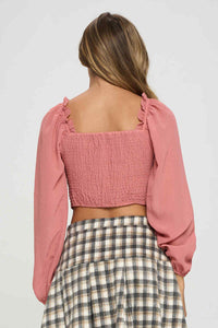 Smocked Long Sleeves Crop Top Pink