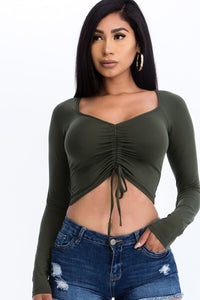 Ruched Drawstring Long Sleeve Crop Top Olive Green