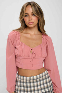 Smocked Long Sleeves Crop Top Pink