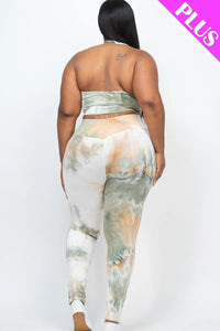 Plus Adjustable Ruched Crop Top And Leggings Set Green White Orange