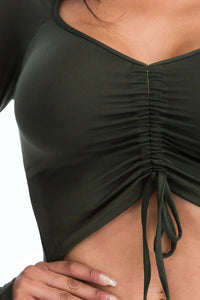 Ruched Drawstring Long Sleeve Crop Top Olive Green