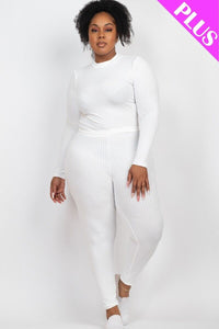 Plus Ribbed Mock Neck Long Sleeve Top & Leggings Set White